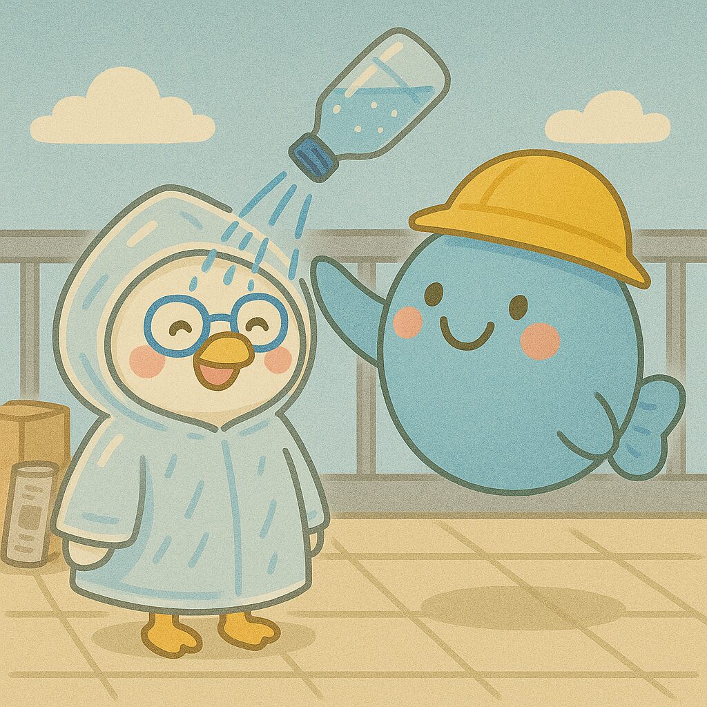 レインコート姿のポッポに、まんボがペットボトルシャワーをかけている様子