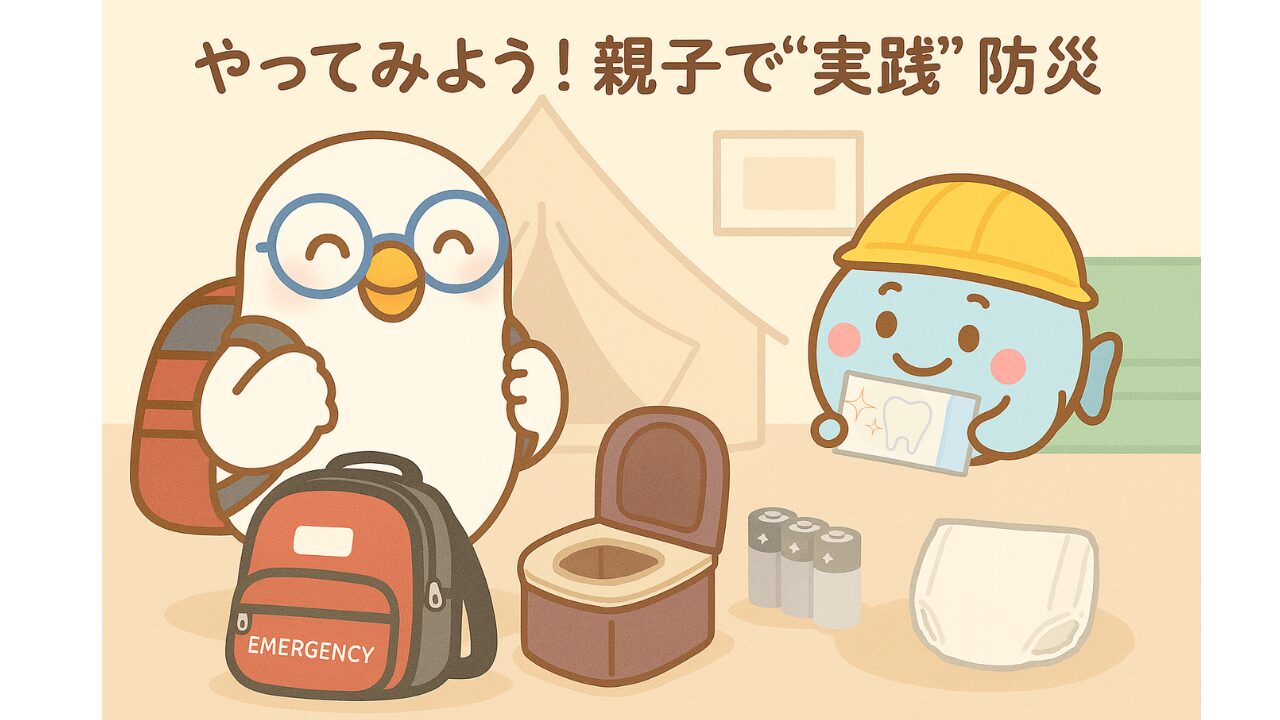親子で実践する防災アイテム｜防災リュック・簡易トイレ・電池・紙パンツを用意するPOPPOとまんボ