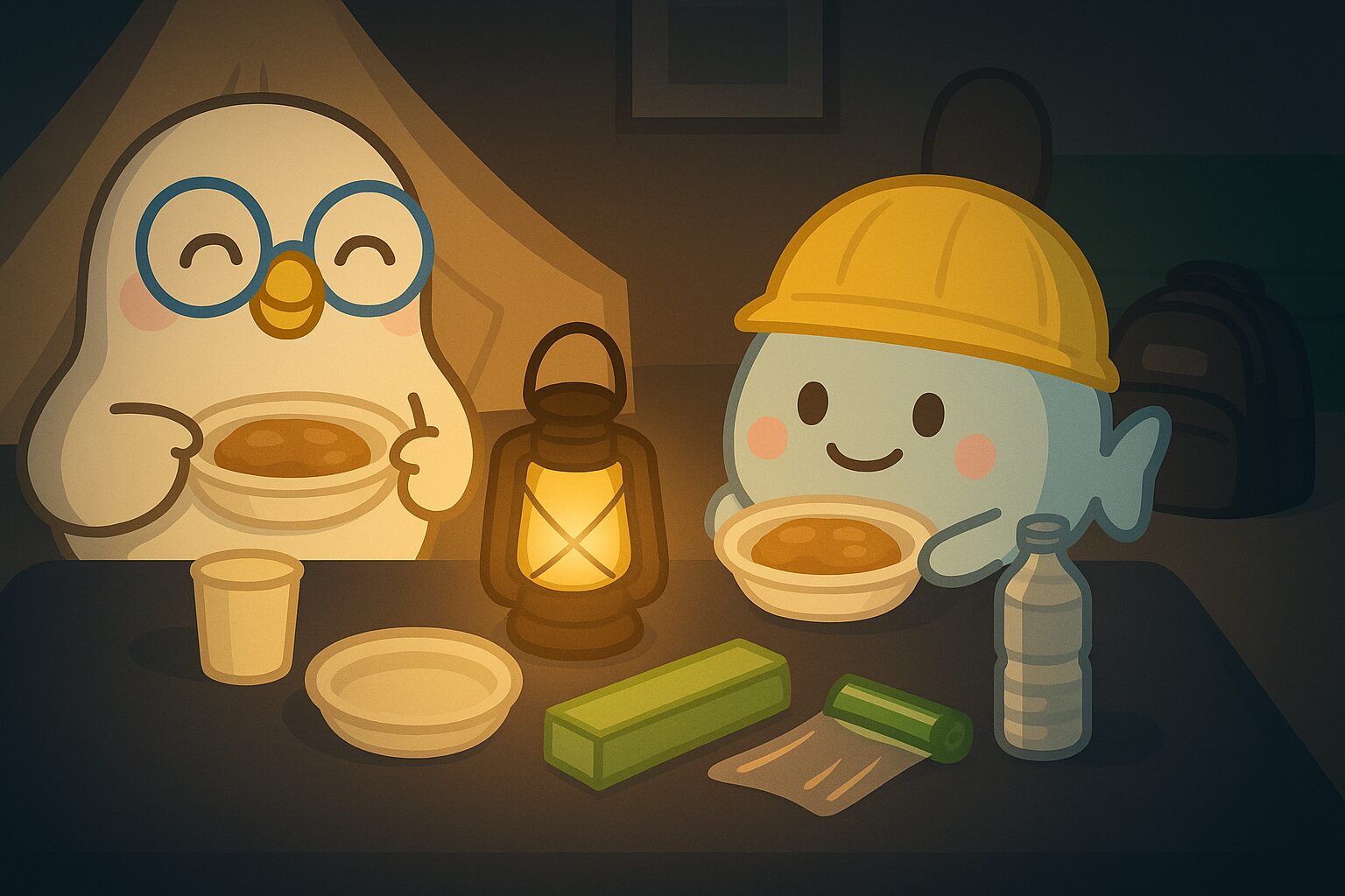 親子で自宅キャンプを体験しながら防災食を試している様子（まんボとPOPPO）