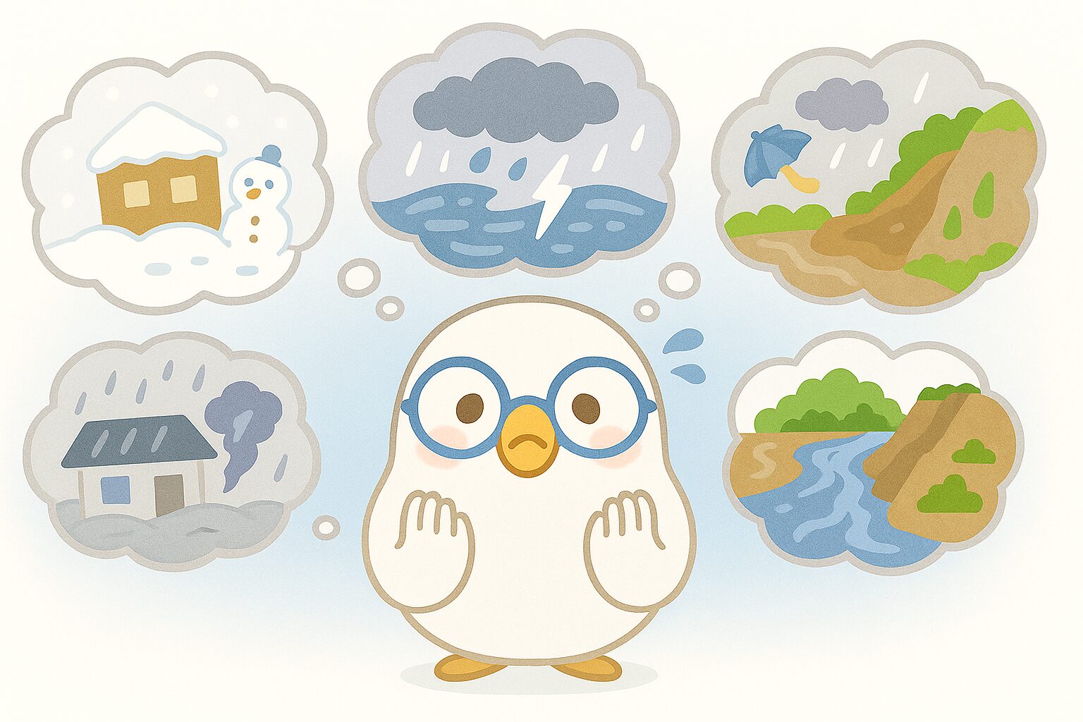 困った表情のPOPPOが、雪害・雷・台風・土砂災害・洪水を想像している様子のイラスト
