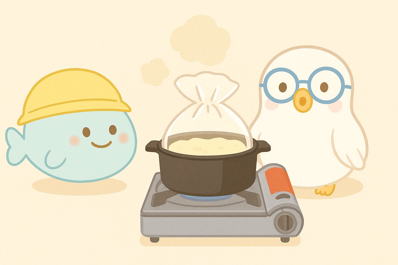 POPPOとまんボがポリ袋調理をしている様子