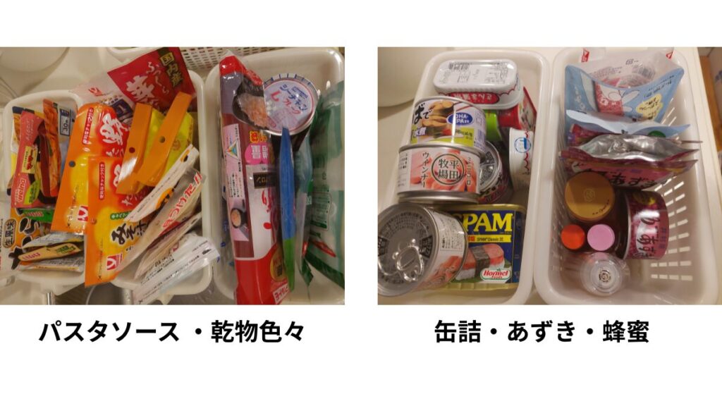 パスタソースや乾物、缶詰やあずき、蜂蜜などを種類ごとに分けて保管している防災備蓄収納