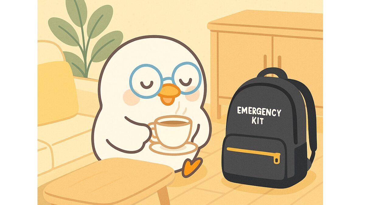 防災用リュックとリビングでお茶を飲んでリラックスする白い丸い鳥のキャラクター