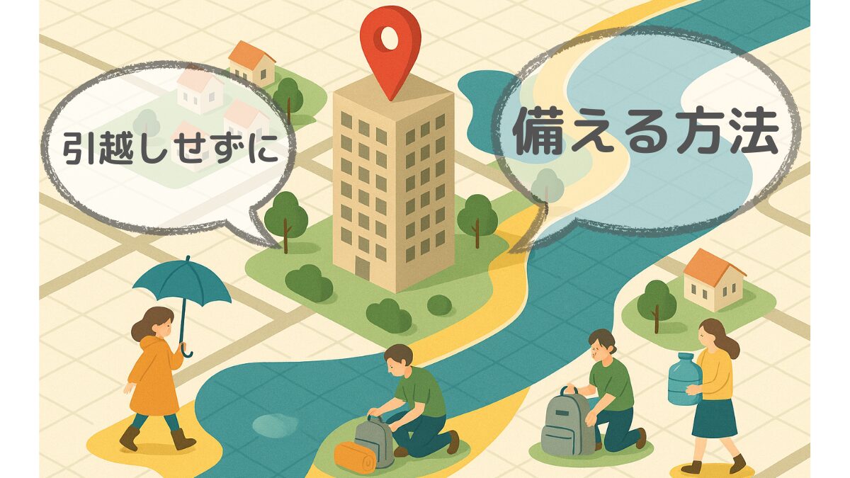 浸水リスクのあるタワーマンションで、防災の備えをする人々のイラスト。引っ越しせずに備える方法を表現。