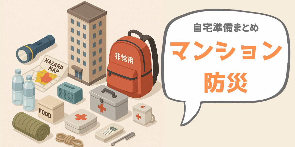 マンション防災の準備まとめ。非常用リュックや水、食品、懐中電灯などの防災用品イラスト